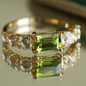 Minimalist 14k Gold Vermeil Emerald Cut Natural Peridot Ring, 925 Solid Silver August Birthstone Ring