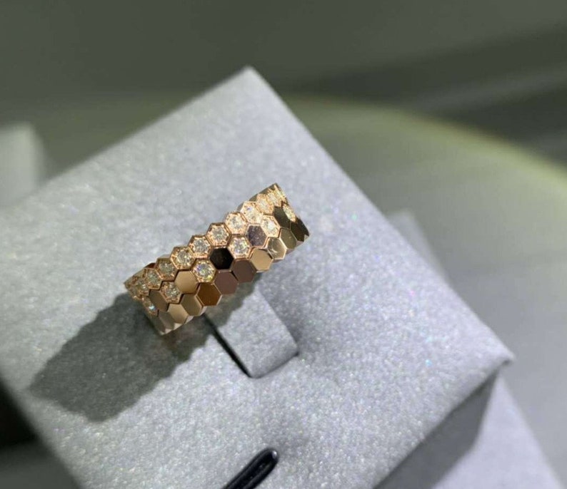 Wedding Ring Bride Ring 18k Gold Plated Honeycomb Ring,Beehive Stacking Rings,Sterling Silver Hexagon Ring Perfect Gift Jewelry