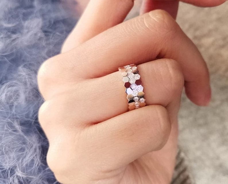 Wedding Ring Bride Ring 18k Gold Plated Honeycomb Ring,Beehive Stacking Rings,Sterling Silver Hexagon Ring Perfect Gift Jewelry