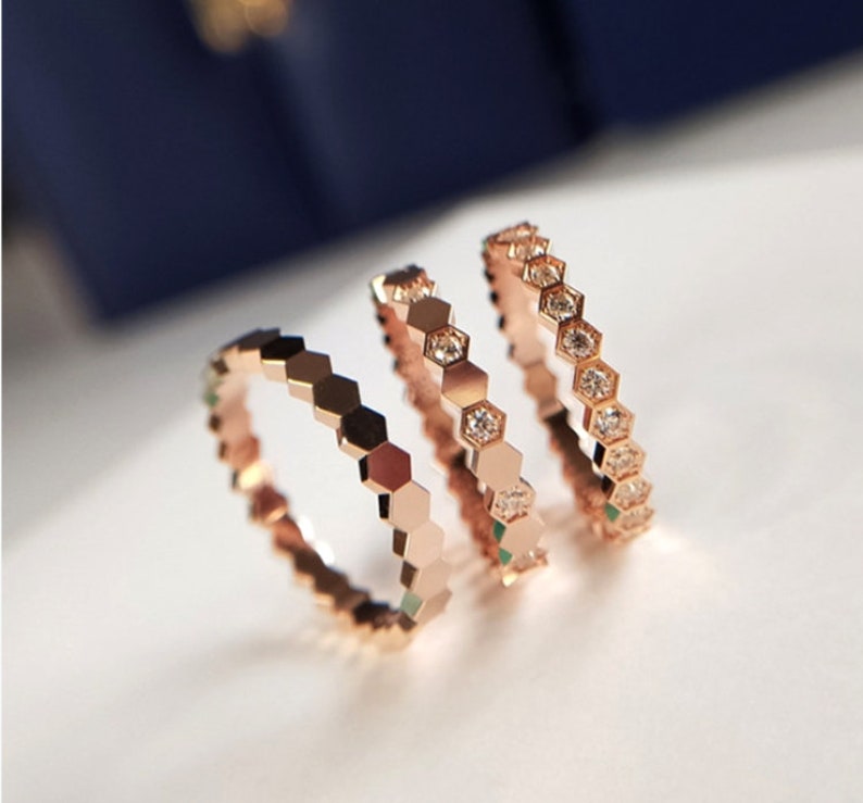 Wedding Ring Bride Ring 18k Gold Plated Honeycomb Ring,Beehive Stacking Rings,Sterling Silver Hexagon Ring Perfect Gift Jewelry