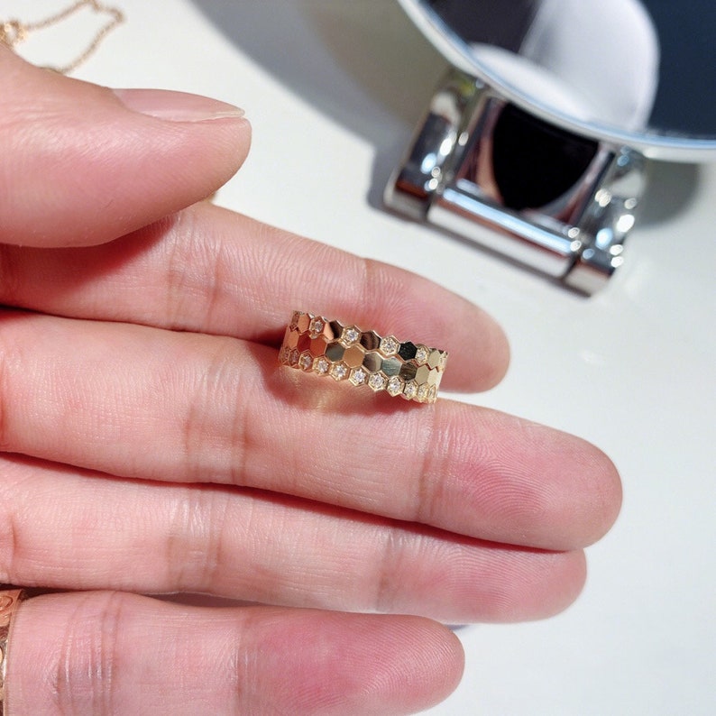 Wedding Ring Bride Ring 18k Gold Plated Honeycomb Ring,Beehive Stacking Rings,Sterling Silver Hexagon Ring Perfect Gift Jewelry