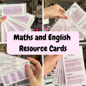 May include: A set of laminated educational resource cards for maths and English, held together by a metal ring. The cards feature white backgrounds with light purple text boxes, containing definitions and examples for parts of speech and maths concepts.