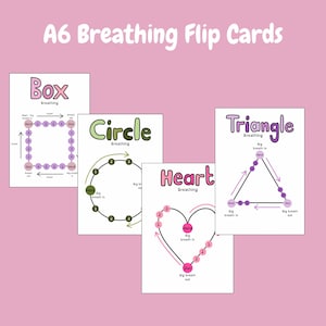 May include: A set of A6 breathing flip cards with instructions for Box, Circle, Heart, and Triangle breathing exercises. Each card features a different shape with numbered steps and directional arrows, all on a pink background.