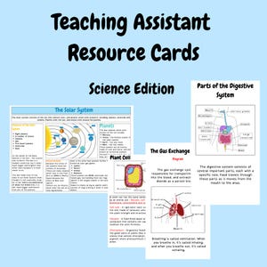 Op de afbeelding: Educatieve resourcekaarten getiteld "Teaching Assistant Resource Cards Science Edition". De kaarten bevatten diagrammen van het zonnestelsel, plantencellen, het spijsverteringsstelsel en gaswisseling. De kaarten staan op een lichtblauwe achtergrond.