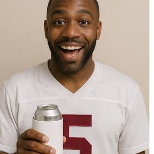 May include: A white jersey with a maroon number 5 is visible. A white can cooler holds a silver can. The person in the image is smiling with their mouth open.