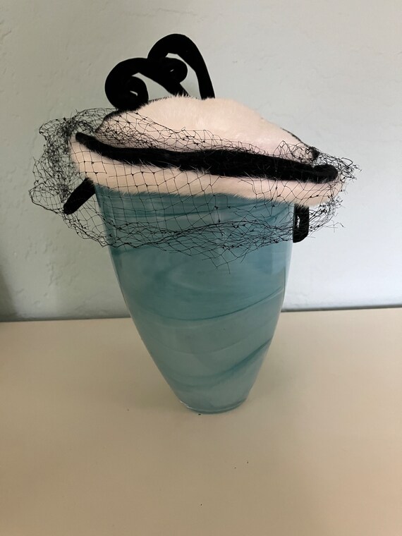 Velour black hat white mink trim and veil SALE Vintage Hat Whimsy Hat 1960 Style White Fur Circlet  main image 2