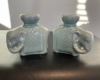 Celadon Ceramic Asian Elephant Candle Holders Vintage, Pair