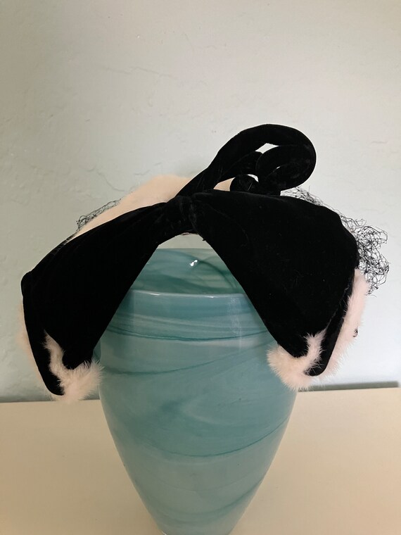 1940s White Rabbit Fur Hat, Black Velvet Trim, Swiss Dot  display picture 3