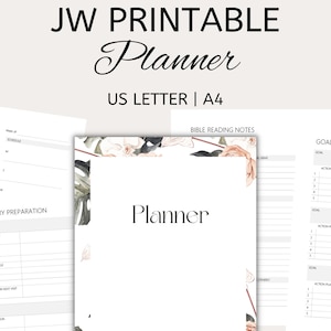 May include: Printable planner with floral design. The planner includes sections for weekly plans, ministry preparation, bible reading notes, and spiritual routine planning. The planner is available in US Letter and A4 sizes.