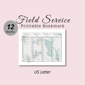 Può includere: Segnalibro stampabile con quattro colonne per tenere traccia delle attività di assistenza sul campo per 12 mesi. Ogni colonna ha l'intestazione "Field Service Tracker" e include una griglia per registrare date, giorni, visite e totali. Il segnalibro ha uno sfondo ad acquerello con motivi floreali.