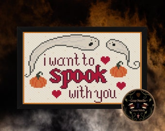 Spook With You - Cute Ghost Best Friends Lovers Pumpkins Gothic Halloween PDF downloadable cross stitch pattern