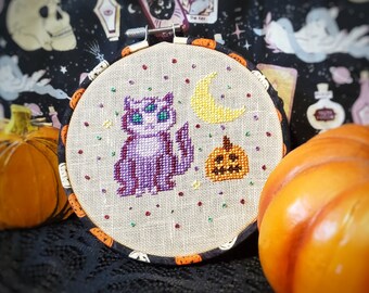 Halloween Space Cat - Spooky Cute & Magical Pastel Goth PDF downloadable cross stitch pattern