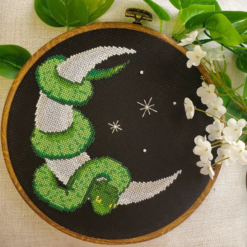 Snake On The Moon - Finished Cross Stitch