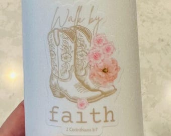 Walk by Faith Sticker | Pink Floral Cowboy Boots | Christian Western Bible Verse Waterproof Decal | Laptop & Water Bottle Sticker