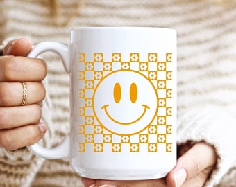 Happy Face Mug, Flowers Coffee Mug, Cute Yellow Cup, Large Size Mug, Fall Mug, Cute Fall Mug, Sweet Friend Gift, Fall Decor, Beautiful Mug