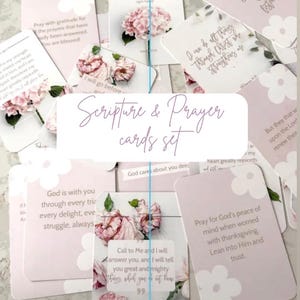 May include: A set of light pink Scripture and Prayer cards with floral accents. Each card features inspirational quotes and floral illustrations. The cards are arranged on a white surface, creating a visually appealing collection.