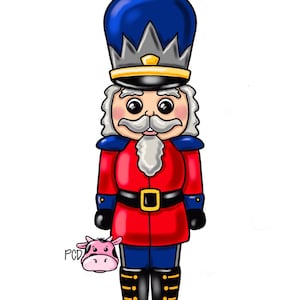 Puede incluir: Ilustración de dibujos animados de un soldado cascanueces. El cascanueces lleva un sombrero azul alto con una corona plateada, una chaqueta roja y pantalones azules. El soldado tiene bigote y barba blancos y botas negras. Una vaca rosa con las letras "PCD" está en la esquina inferior izquierda.