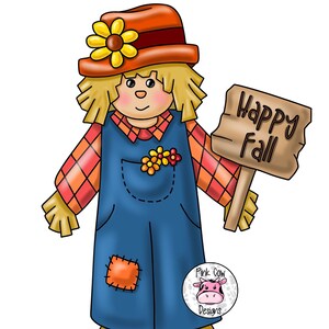 Puede incluir: Un espantap&aacute;jaros de dibujos animados con un sombrero rojo y naranja, una camisa a cuadros, un mono azul y un cuerpo de paja sostiene un cartel de madera que dice "Happy Fall".