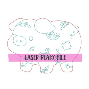 Puede incluir: Un dibujo de línea de un cerdo con un diseño floral. El cerdo está delineado en rojo y el diseño floral está en verde azulado. El texto "LASER READY FILE" está en rosa.