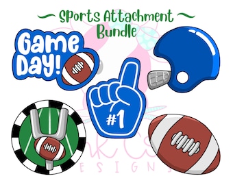 May include: A digital graphic set titled Sports Attachment Bundle featuring a blue Game Day sign with a football, a blue foam finger with #1, a blue football helmet, a green field with goalposts and a football, and a brown football.