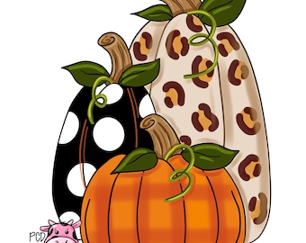 May include: Three pumpkins stacked on top of each other. The top pumpkin is white with a brown leopard print. The middle pumpkin is black with white polka dots. The bottom pumpkin is orange with a checkered pattern. A small pink cow with black spots is in the bottom left corner.