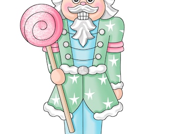 May include: A green and blue nutcracker with a pink and white hat holds a pink swirl lollipop. The nutcracker has a white beard and a white and silver trim on the jacket. The nutcracker is standing on a white background. Pink Cow Designs is printed on a pink circle at the bottom of the image.