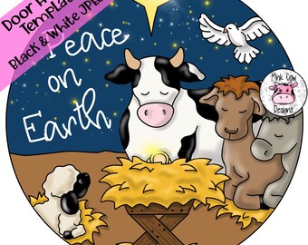 May include: A Christmas-themed door hanger featuring a manger scene with a cow, a donkey, a sheep, and a dove. The text "Peace on Earth" is written in white on a blue background.