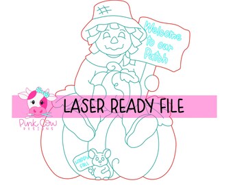 May include: A digital line art design featuring a scarecrow sitting on a large pumpkin, holding a sign that reads Welcome to our Patch. A small mouse holds a sign saying Happy Fall. A pink banner across the center reads LASER READY FILE.