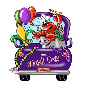 May include: A purple pickup truck decorated for Mardi Gras with a chef hat wearing crawfish, beads, and a fleur-de-lis. The truck has a sign that says "Mardi Gras" and "Fat 2sday".