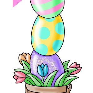 May include: A door hanger template featuring a stack of three Easter eggs in a brown basket with green leaves and pink, blue, and yellow tulips. The eggs are decorated with stripes, polka dots, and glitter. The text "Door Hanger Template Black & White JPG & PDF" is on a pink banner.