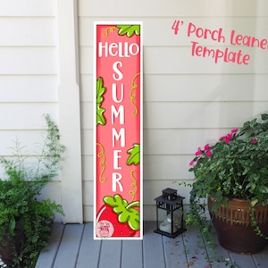 Puede incluir: Una plantilla de apoyabrazos de porche rosa de 4' con el texto "Hello Summer" en letras blancas. La plantilla presenta una fresa con hojas verdes.