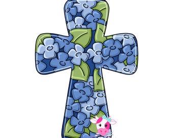 May include: A cross-shaped cutout featuring a repeating pattern of light and dark blue flowers with green leaves on a dark blue background. A small cartoon cow head with a blue bow is positioned at the bottom right with the text Pink Cow Designs.