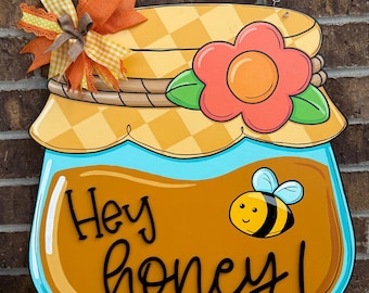 IN STOCK: Honey Bee Door Hanger, Spring Summer Door Decor, Bee Welcome Sign, Farmhouse Front Door Sign, Floral Jar Door Hanger
