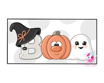 May include: A graphic illustration spelling BOO with a black witch hat on the letter B, a small black spider, an orange pumpkin as the letter O, and a white ghost as the final O. The text Pink Cow Designs appears in the bottom right corner.