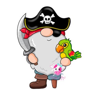 Puede incluir: Un gnomo pirata de dibujos animados con barba gris, un pañuelo rojo y un sombrero de pirata negro con una calavera y huesos cruzados. El gnomo sostiene una espada plateada y un loro verde.