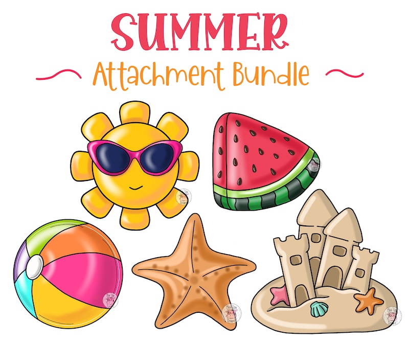 Pode incluir: Um conjunto de elementos digitais com tema de ver&atilde;o. Inclui um sol sorridente com &oacute;culos de sol rosa, uma fatia de melancia, uma bola de praia, uma estrela do mar e um castelo de areia. O texto "SUMMER Attachment Bundle" est&aacute; no topo.