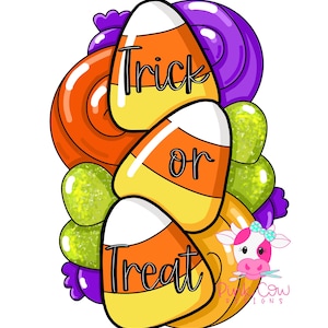 Può includere: Una grafica colorata a tema Halloween con caramelle a forma di mais e le parole "Trick or Treat". Il design include caramelle a forma di mais arancioni, gialle e bianche, circondate da lecca-lecca arancioni e viola e caramelle verdi.