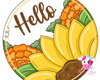 May include: A circular graphic design featuring a large yellow sunflower with green leaves and orange textured elements. The word Hello is written in brown script in the upper left corner. A small pink cow icon with a blue bow is in the lower right.