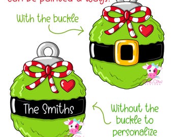 May include: Two green fuzzy Christmas ornament illustrations. One features a black belt with a gold buckle. The other features a black band with the white text 'The Smiths'. Both have a red and white polka dot bow and a small red heart.