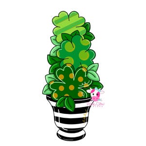 May include: A decorative shamrock topiary in a black and white striped vase. The shamrocks are various shades of green, with some featuring gold polka dots. The design includes green leaves and the text "Pink Cow Designs".