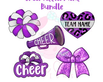 May include: A digital graphic set titled Cheer Attachment Bundle featuring five purple and white cheerleading elements: a pom-pom, a heart with leopard print and the text TEAM NAME, a megaphone with the text CHEER, a bow, and the word Cheer.