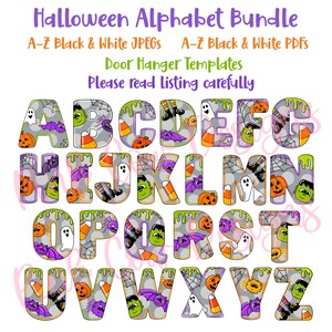 May include: Halloween alphabet letters in a dripping green slime font with a gray background and various Halloween themed patterns including bats, ghosts, spiders, candy corn, pumpkins, and witches hats.