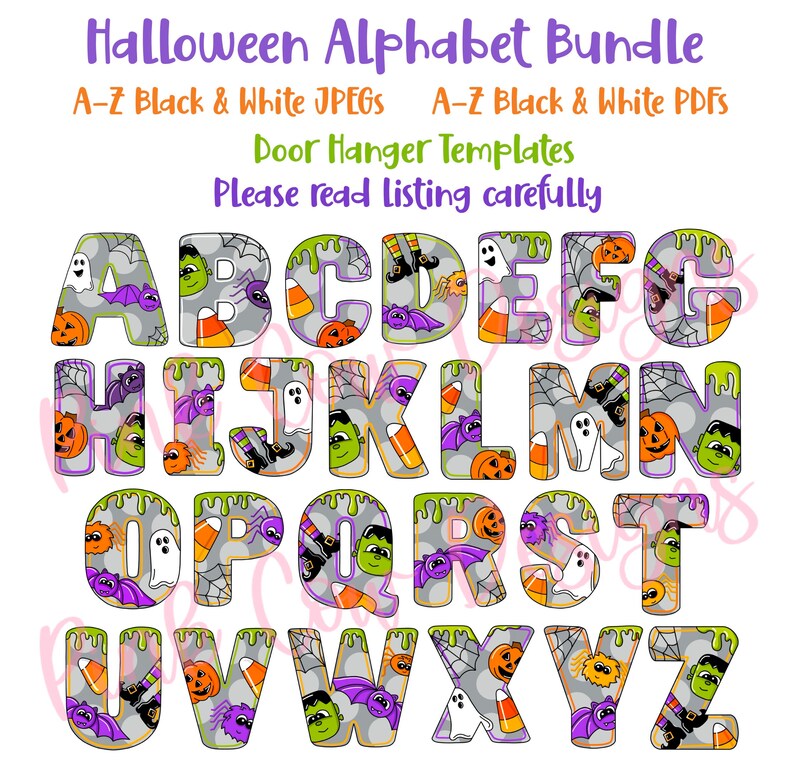 May include: Halloween alphabet letters in a dripping green slime font with a gray background and various Halloween themed patterns including bats, ghosts, spiders, candy corn, pumpkins, and witches hats.