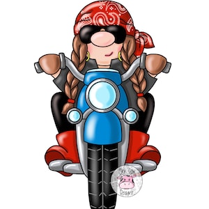 Puede incluir: Una ilustración de dibujos animados de una persona con trenzas largas que lleva un pañuelo rojo, gafas de sol y una chaqueta de cuero negra montando una motocicleta azul.