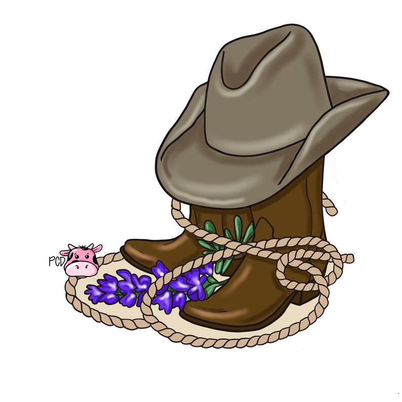 Op de afbeelding: Een paar bruine cowboylaarzen met een bruine cowboyhoed erop. De laarzen zijn aan elkaar gebonden met een bruin touw en er zitten paarse bloemen in het touw.