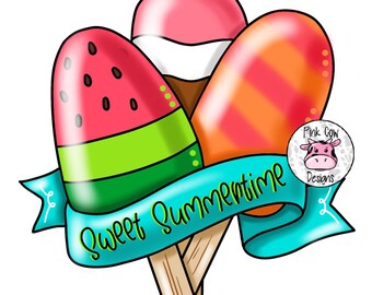 May include: Three colorful popsicles with wooden sticks, tied together with a blue ribbon that says "Sweet Summertime". The popsicles are watermelon, orange, and a pink and white swirl.