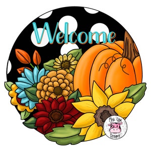 PLANTILLA: Bienvenida de otoño con calabaza y flores-Plantilla para colgar puertas-Descarga digital