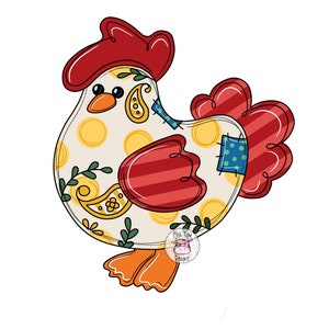 May include: A white chicken with red, yellow, and blue patchwork design. The chicken has a red comb and wattle, and its legs are orange. The chicken is standing on a white background. The text "Pink Cow Designs" is visible in the lower right corner of the image.