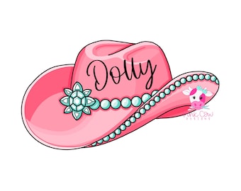 May include: A bright pink cowboy hat illustration featuring the word Dolly in black script. The hat is decorated with a string of light blue pearls and a large, faceted light blue star-shaped jewel. A small pink cow logo is visible on the brim.