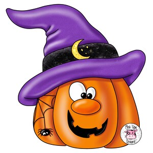 May include: A cartoon pumpkin wearing a purple witch hat with a crescent moon and stars on the brim. The pumpkin has a friendly face with big eyes and a wide smile. A small spider is hanging from a web on the side of the pumpkin.